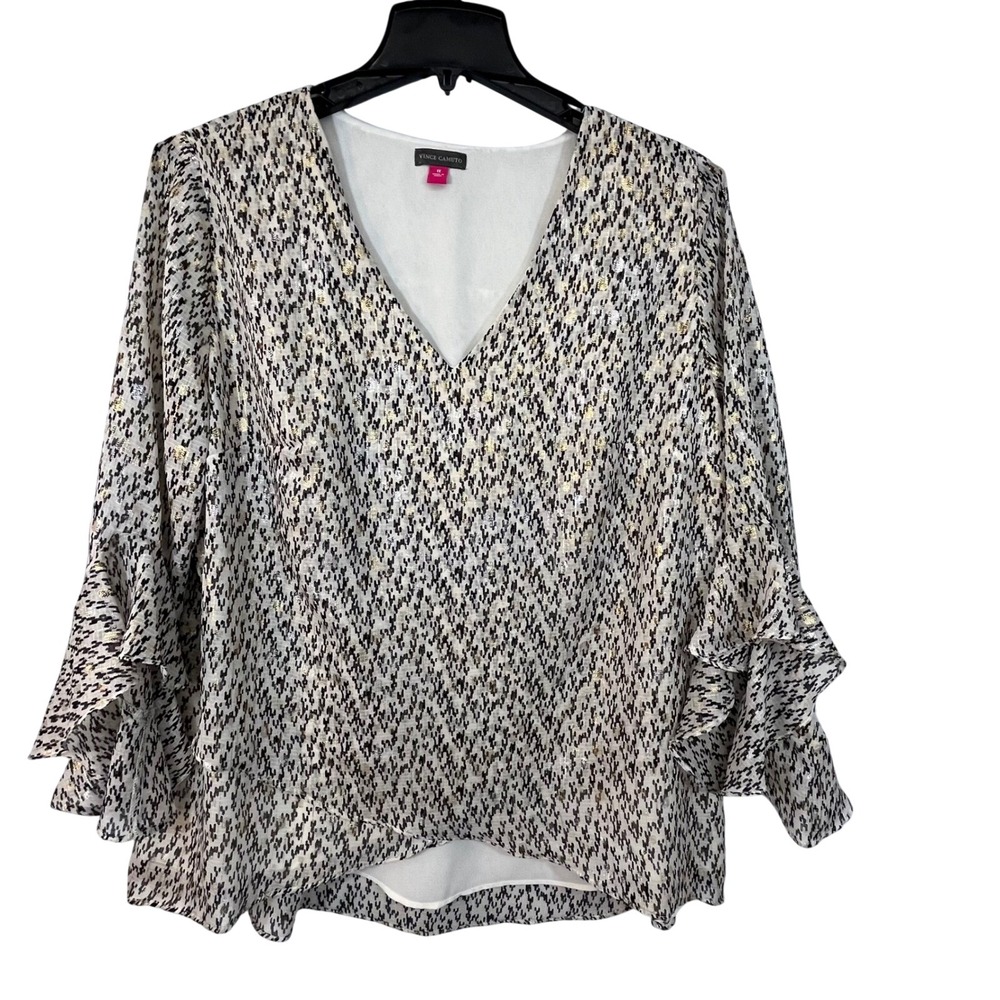 Vince Camuto Women 1X Blouse V-Neck Ruffle Sleeve Metallic Gold Black 92524B128